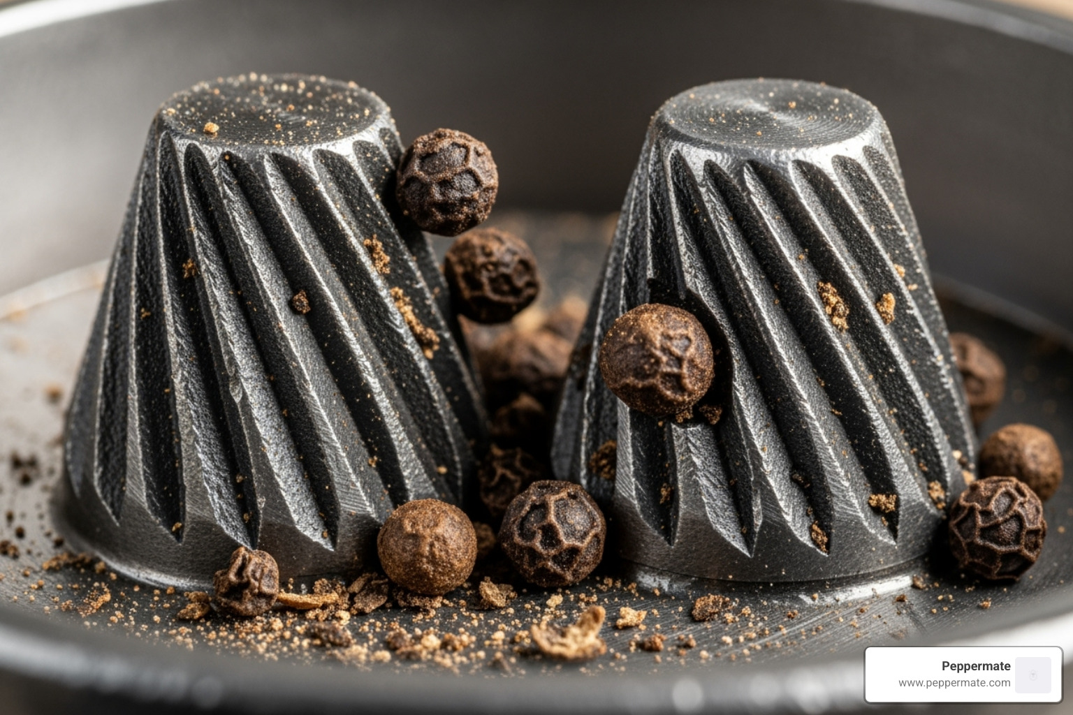 close-up view of a burr grinding mechanism - is a pepper mill the same as a pepper grinder