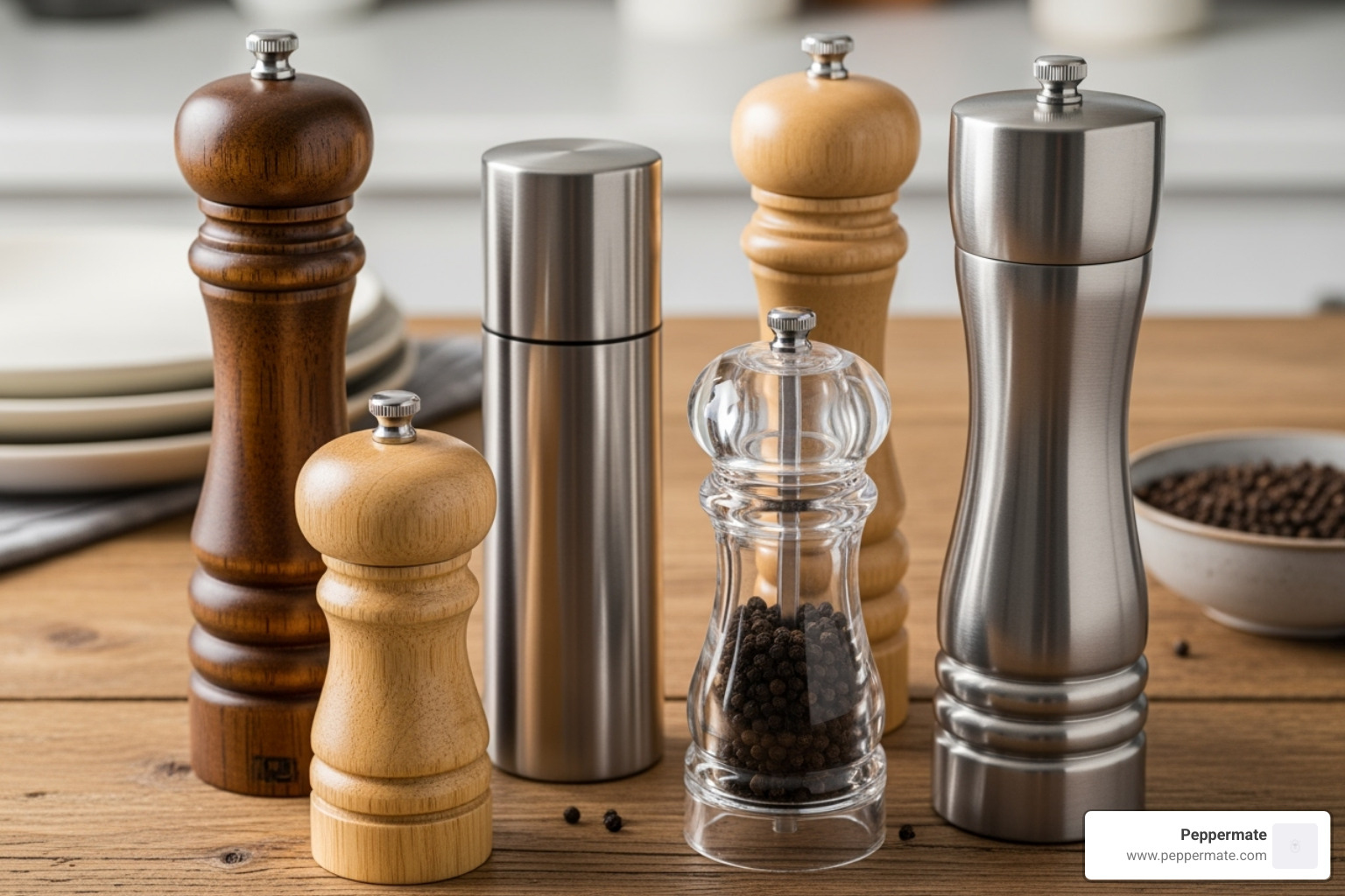 variety of pepper mills in different materials like wood, stainless steel, and acrylic - is a pepper mill the same as a pepper grinder
