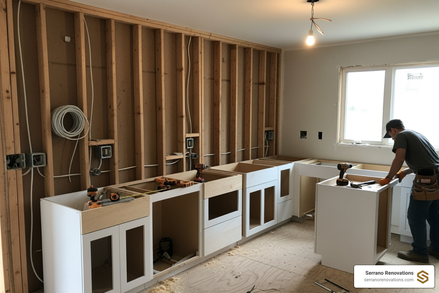 a kitchen mid-renovation showing exposed walls and new cabinets being installed - kitchen remodel contractors near me