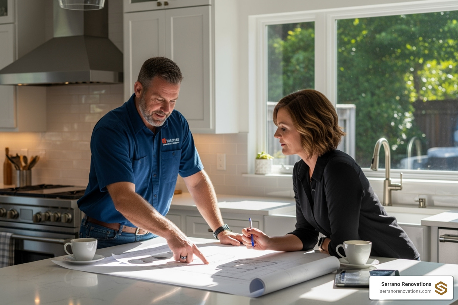a contractor reviewing blueprints with a homeowner in a kitchen - kitchen remodel contractors near me
