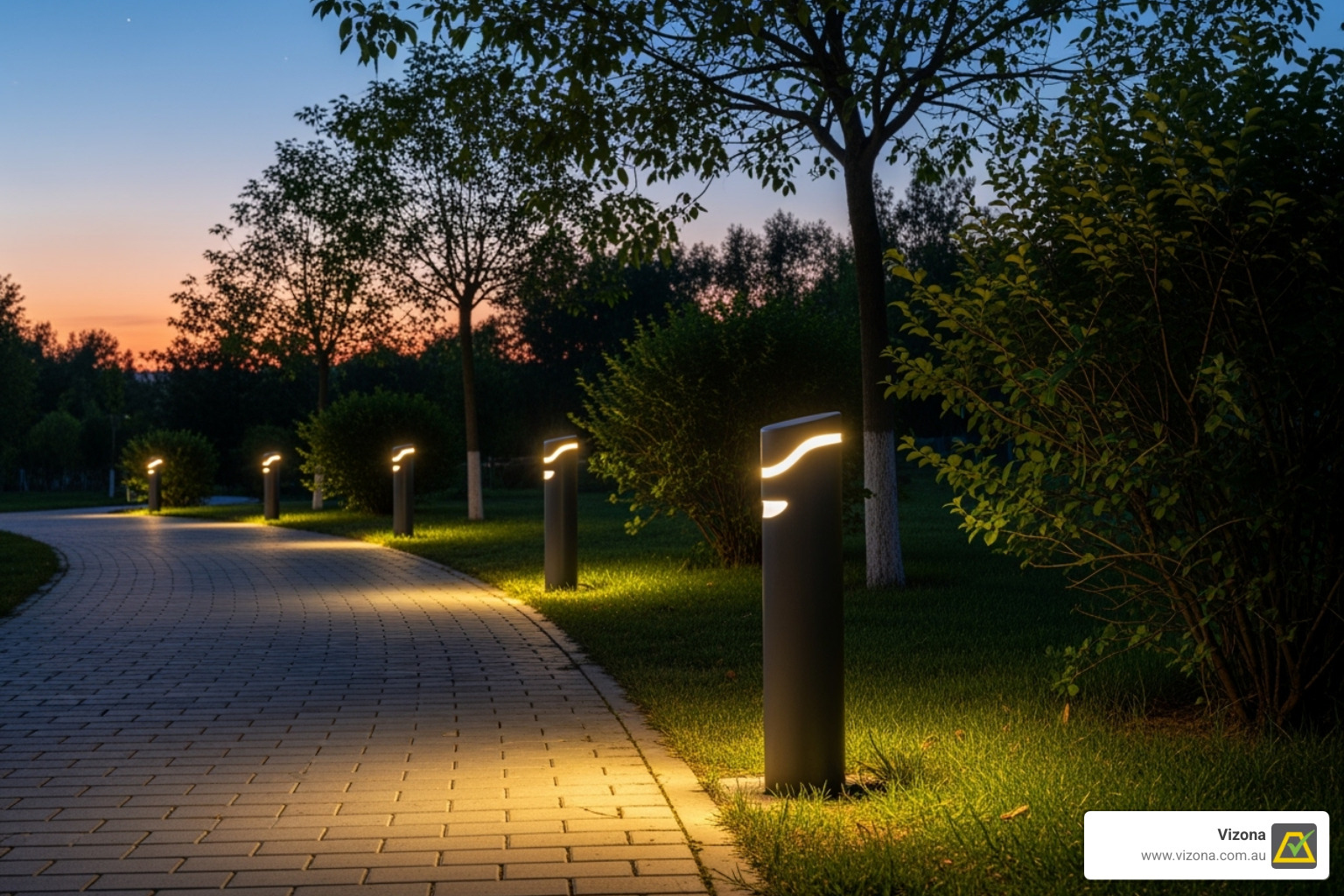 Sleek, modern solar LED bollards lining a public walkway in a park at dusk, subtly illuminating the path and surrounding greenery - urban ambiance