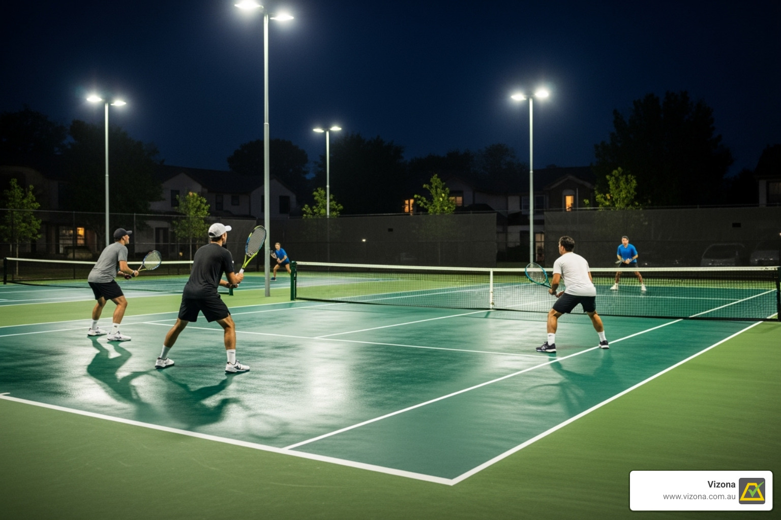 Community tennis court brightly and evenly lit by LED sports luminaires at night, with players engaged in a game - urban ambiance