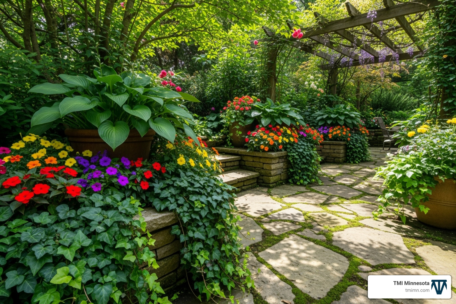 of a stone patio with soft, overflowing plants along its edges, seamlessly blending the two elements. - softscape design of a stone patio with soft, overflowing plants along its edges, seamlessly blending the two elements. - softscape design