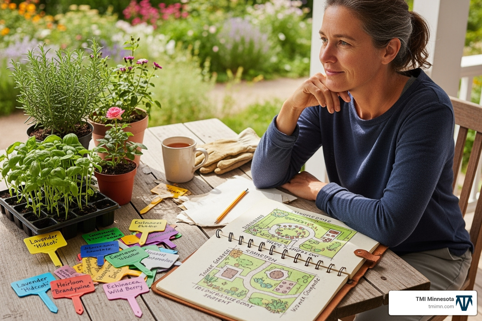 of a homeowner planning a garden layout with plant tags and sketches. - softscape design of a homeowner planning a garden layout with plant tags and sketches. - softscape design
