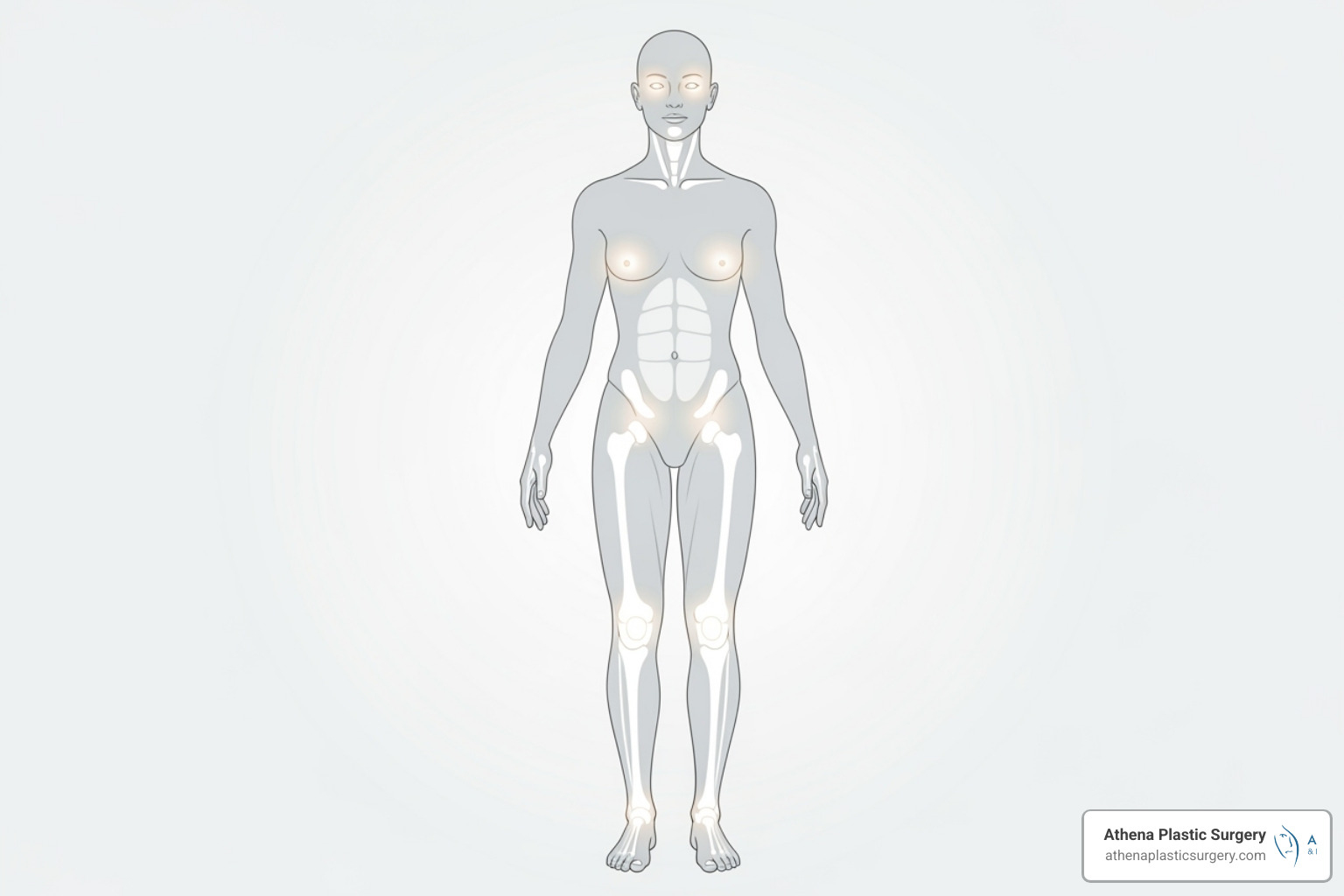 Multiple treatable areas on a stylized human body, highlighting face, neck, eyes, abdomen, arms, and legs - thermage flx Multiple treatable areas on a stylized human body, highlighting face, neck, eyes, abdomen, arms, and legs - thermage flx