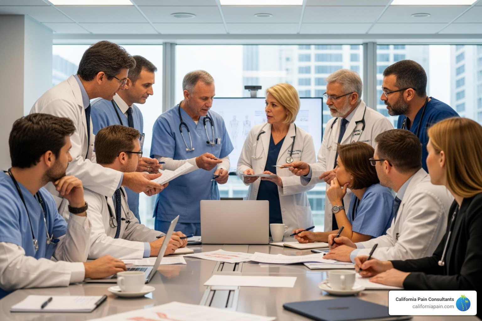 A team of diverse medical specialists in a meeting - spine and pain clinic A team of diverse medical specialists in a meeting - spine and pain clinic