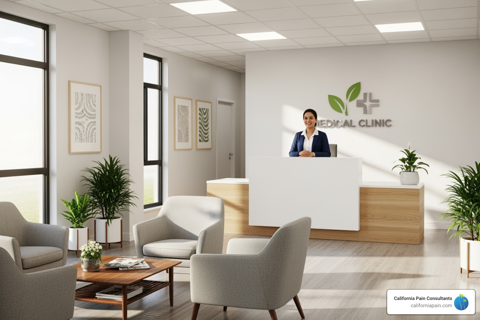 A clinic's welcoming reception area - spine and pain clinic A clinic's welcoming reception area - spine and pain clinic