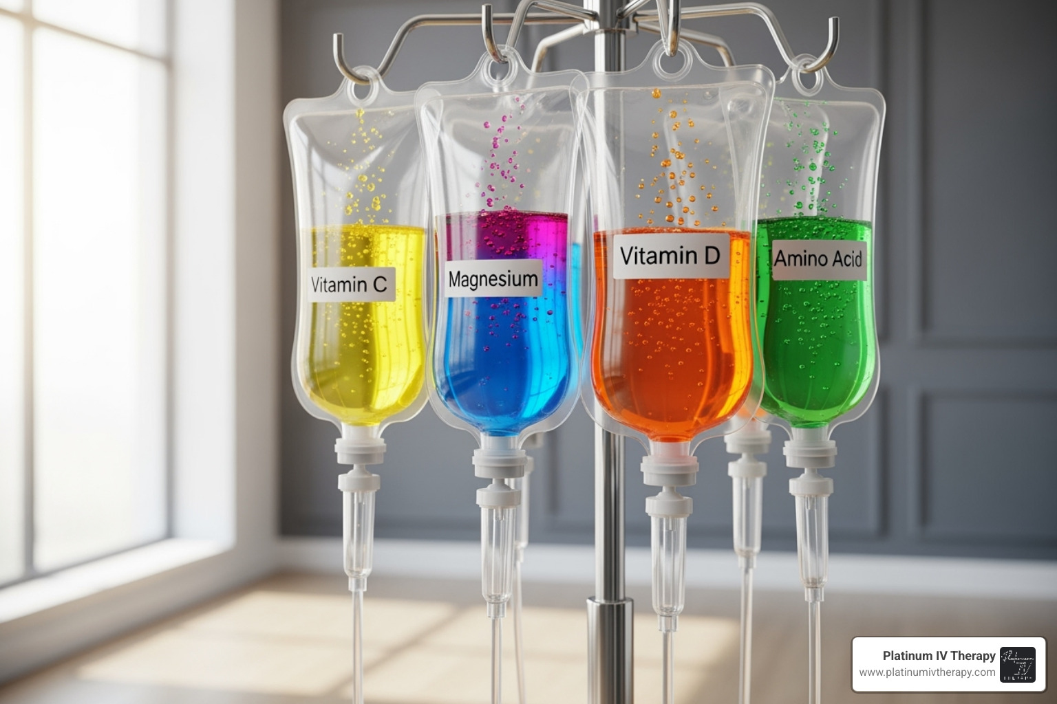 various IV drip bags with different colored vitamins, labeled for different needs like 