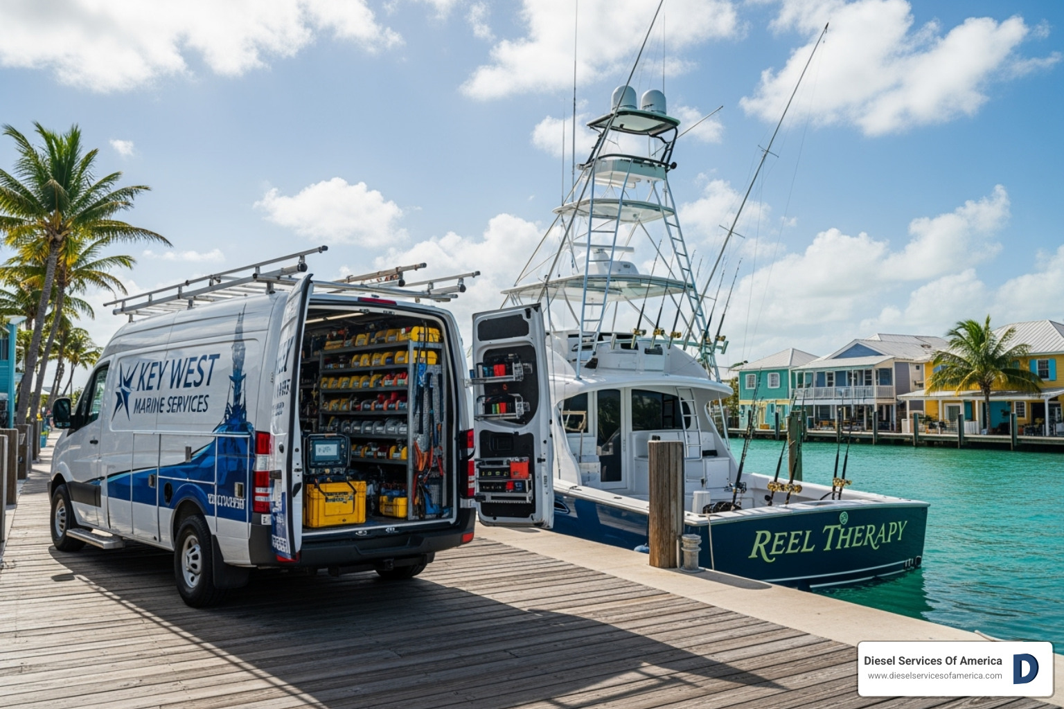 Fully-equipped service van parked dockside next to a sportfishing boat in Key West - key west engine service