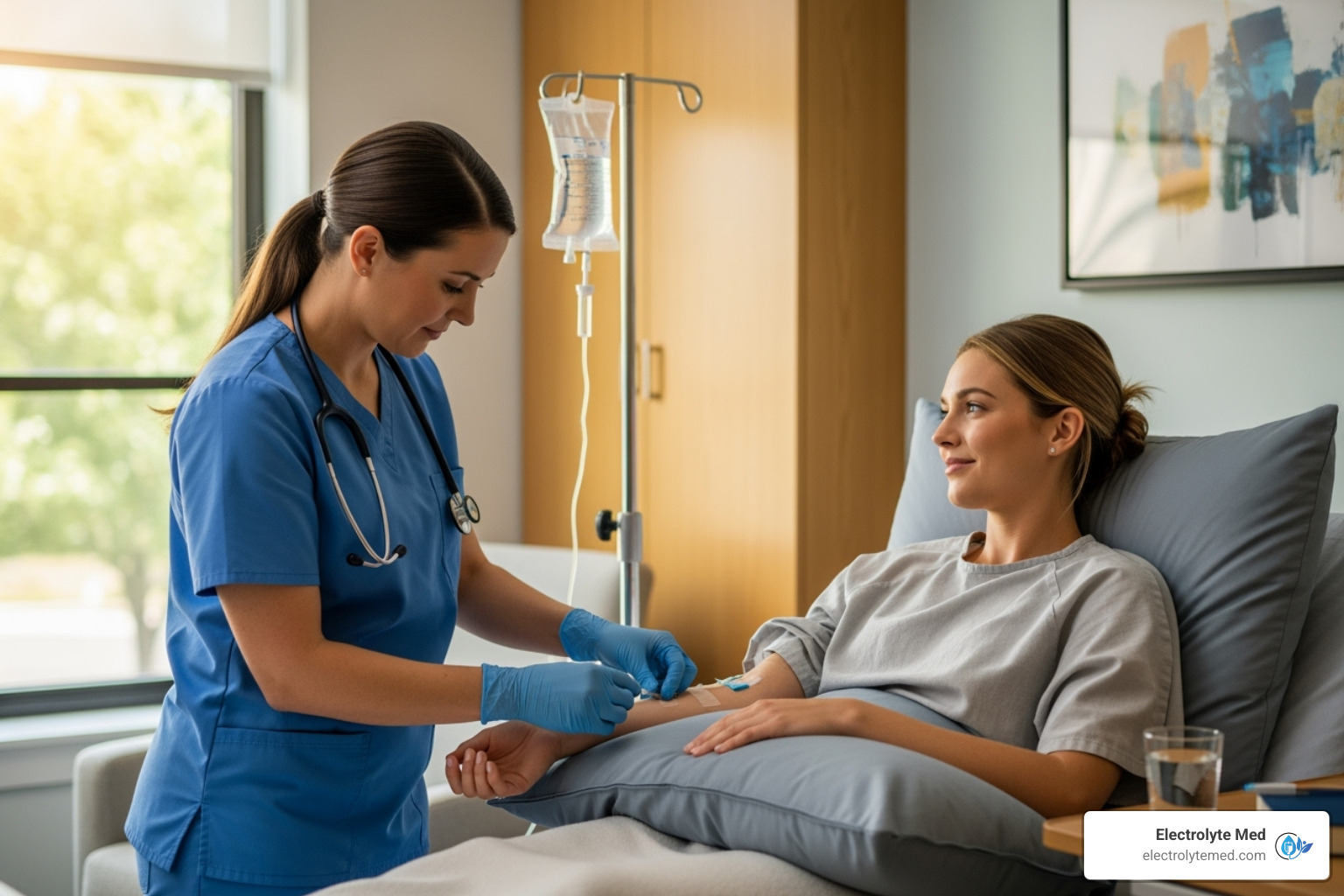 registered nurse professionally administering an IV drip to a patient in a comfortable setting - iv vitamin infusion therapy near me