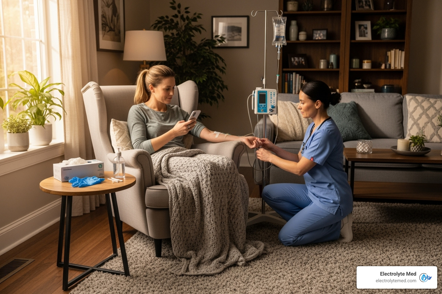 Mobile IV therapy setup with a comfortable chair, a small table with an IV stand, and a nurse administering the drip in a home living room setting - iv vitamin infusion therapy near me