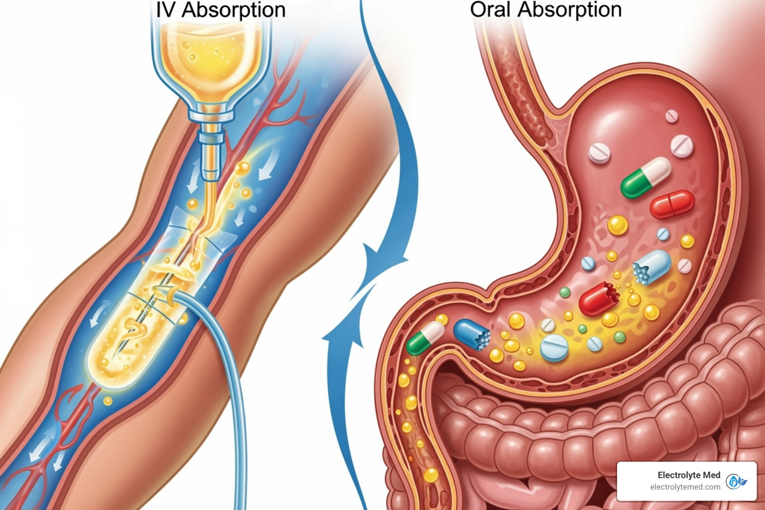 Illustration showing a direct IV line delivering nutrients into the bloodstream, bypassing the digestive system, contrasted with oral pills being broken down in the stomach and intestines before limited absorption - iv vitamin infusion therapy near me