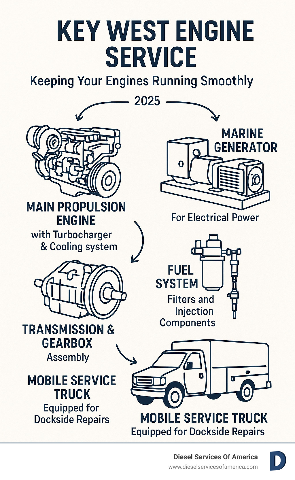Comprehensive infographic showing key components of marine diesel engine service in Key West including main propulsion engine with turbocharger and cooling system, marine generator for electrical power, transmission and gearbox assembly, fuel system with filters and injection components, and mobile service truck equipped for dockside repairs - key west engine service infographic 