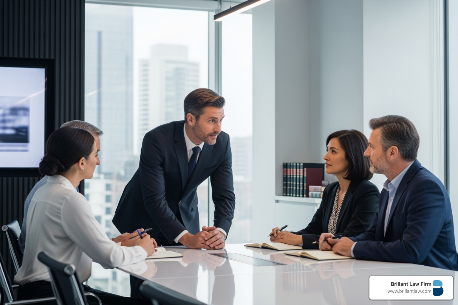 Professional attorney meeting with clients in a modern office.