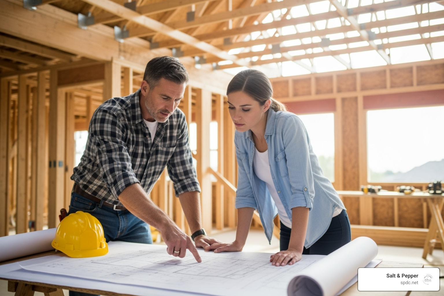 A construction manager reviewing blueprints with a homeowner - Riverview construction services