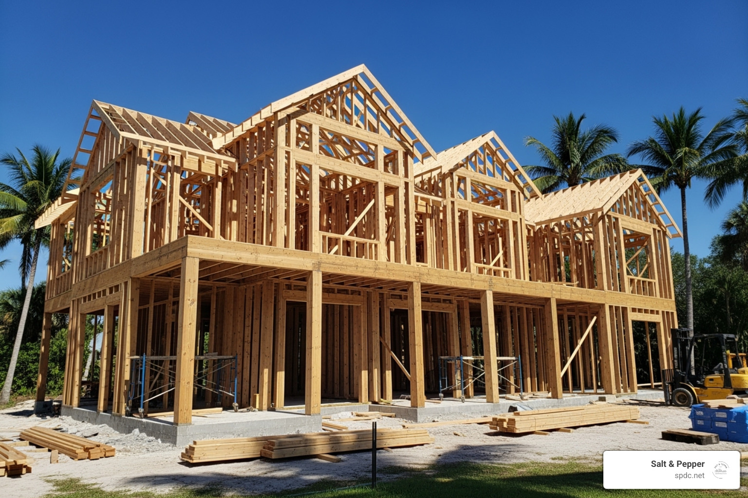 A custom home being framed in a Florida setting - Riverview construction services