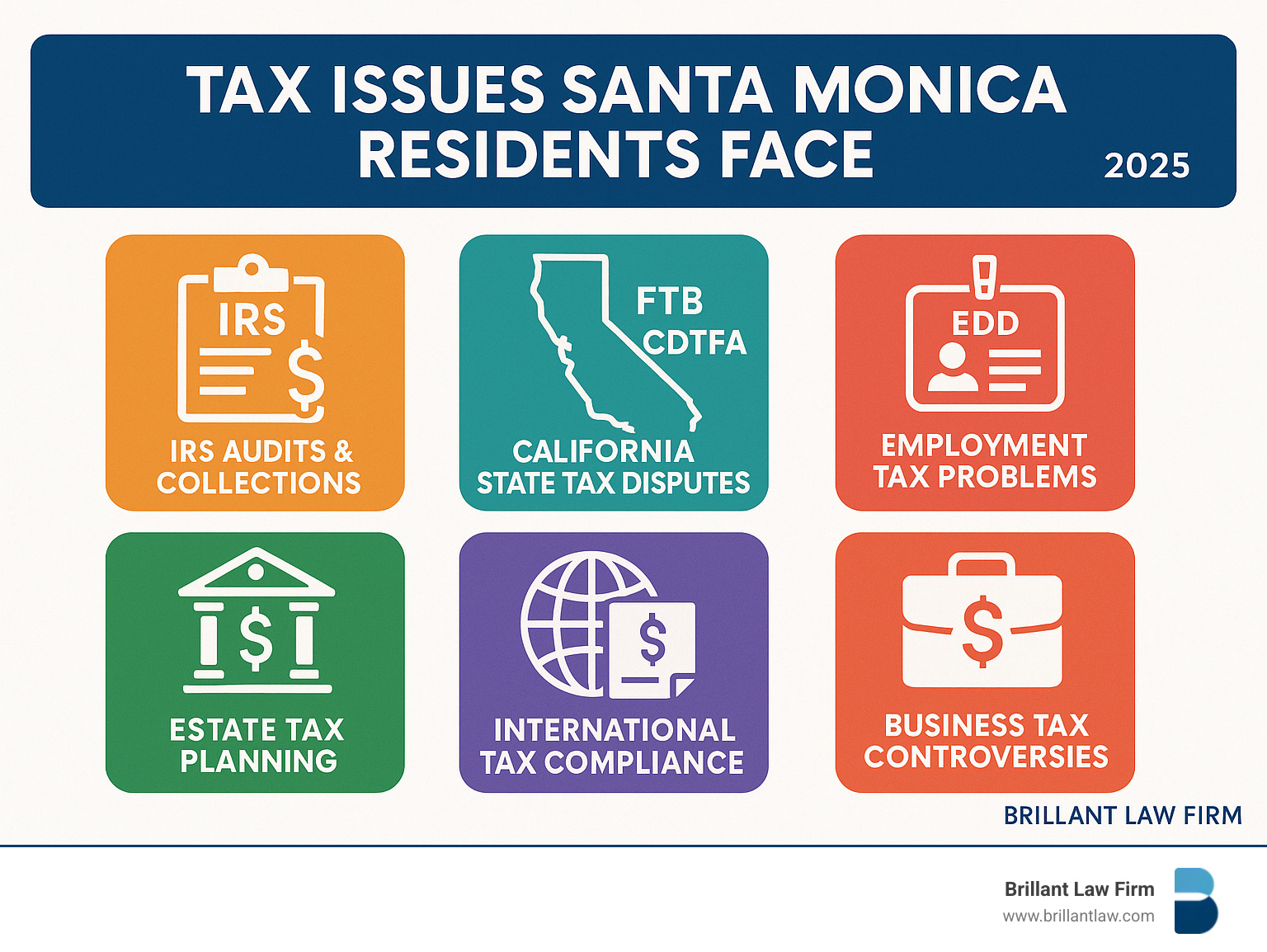 Infographic showing the main types of tax issues Santa Monica residents face: IRS audits and collections, California state tax disputes with FTB and CDTFA, employment tax problems with EDD, estate tax planning for high-net-worth individuals, international tax compliance requirements, and business tax controversies.