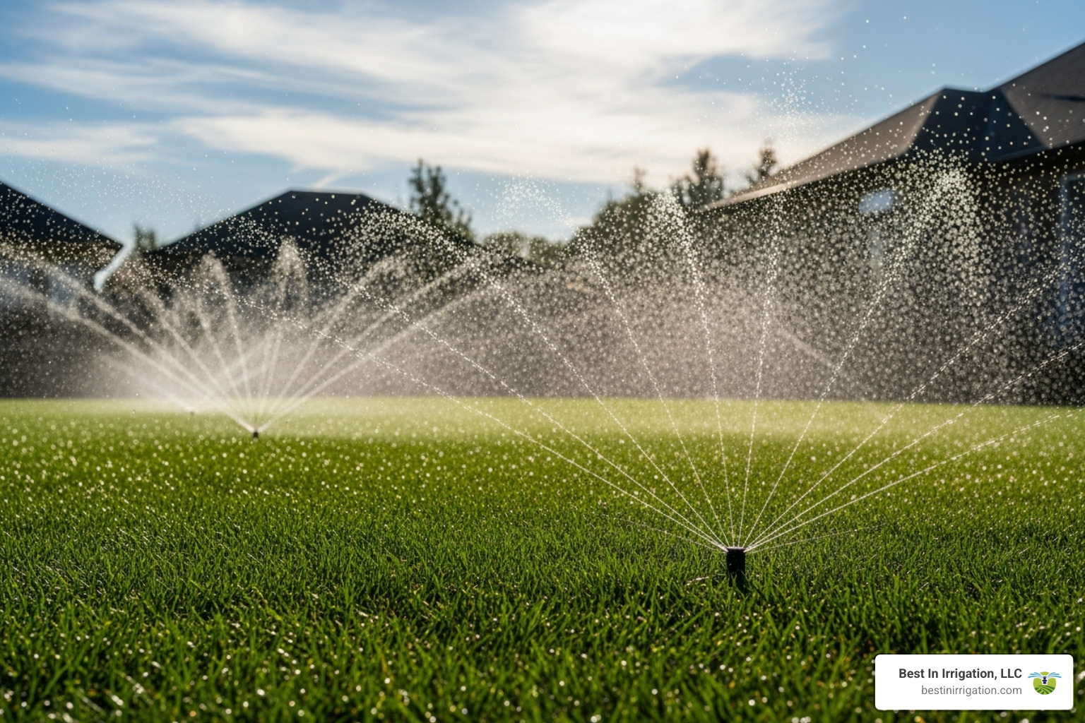 newly installed sprinkler system being tested, with water spraying evenly across a section of lawn - lawn sprinkler system installation newly installed sprinkler system being tested, with water spraying evenly across a section of lawn - lawn sprinkler system installation