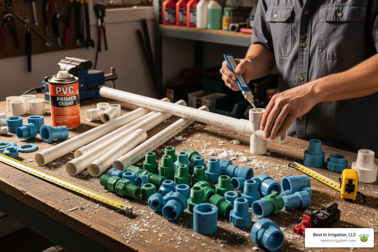 person assembling a PVC valve manifold - lawn sprinkler system installation person assembling a PVC valve manifold - lawn sprinkler system installation