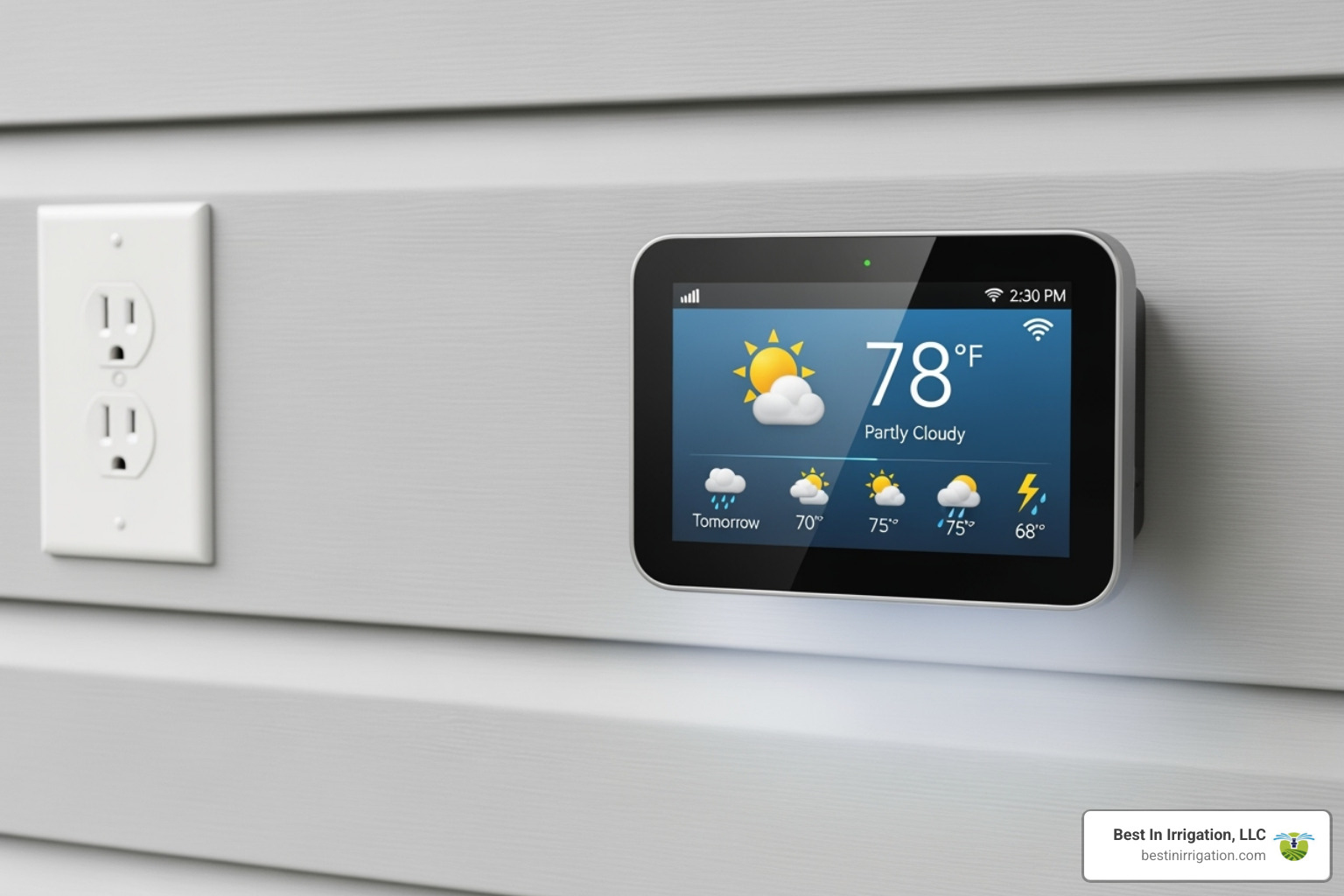 smart sprinkler controller mounted on a garage wall, showing a weather forecast on its screen - lawn sprinkler system installation smart sprinkler controller mounted on a garage wall, showing a weather forecast on its screen - lawn sprinkler system installation