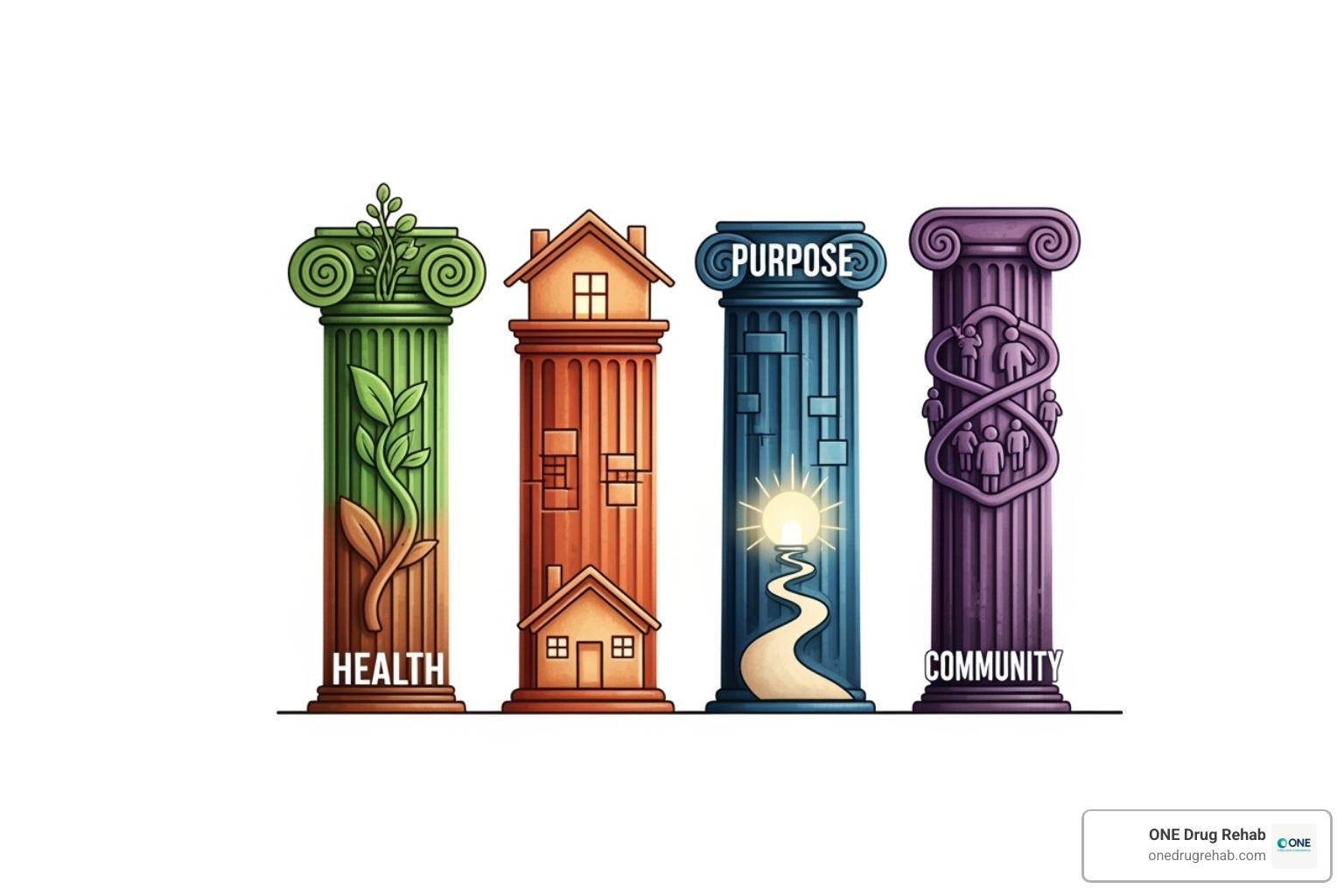 A chart showing the multiple pillars of recovery including health, home, purpose, and community - rehab success rates
