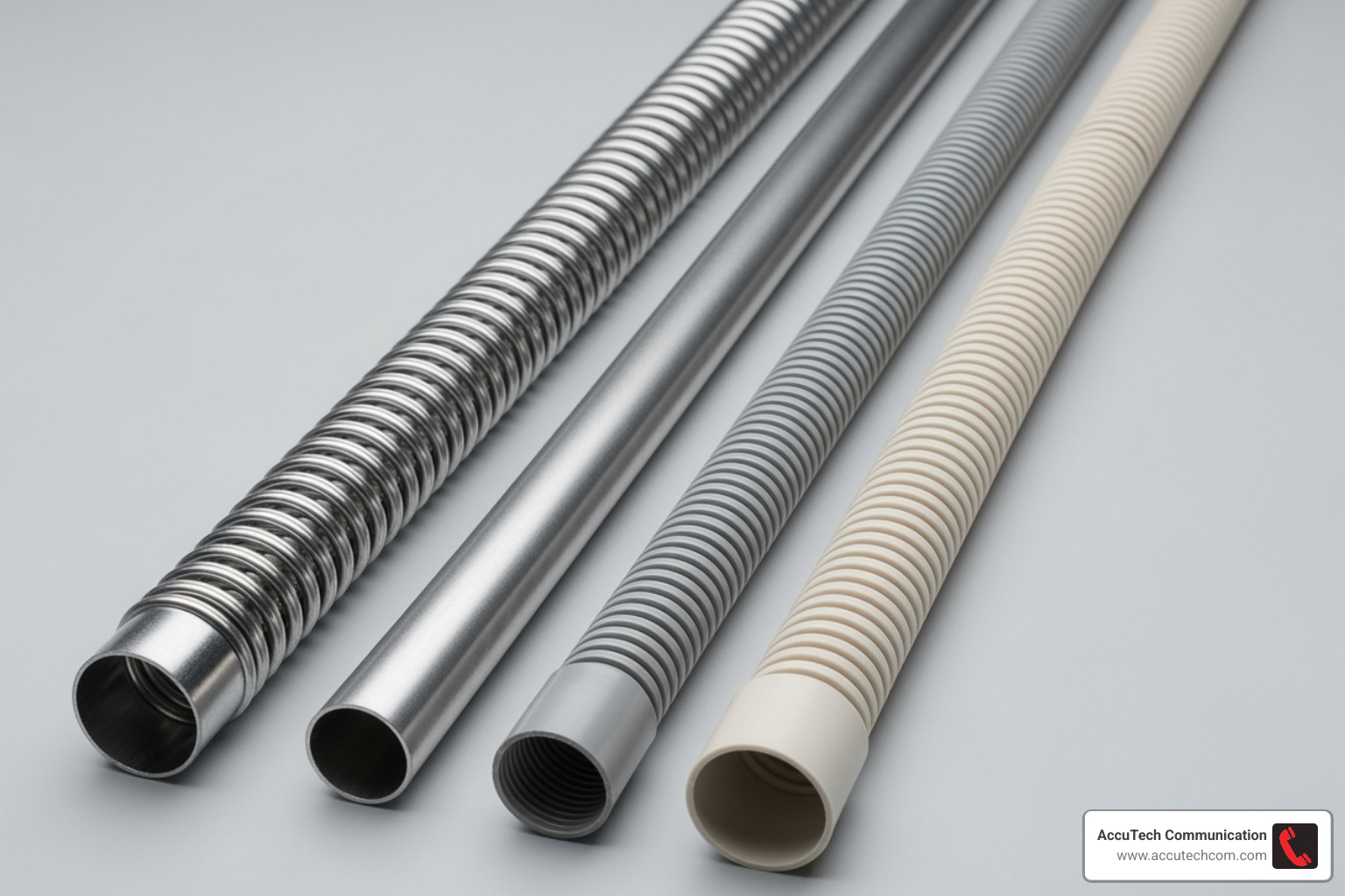 different types of flexible conduit side-by-side (metallic, liquid-tight, non-metallic) - Flexible cable conduit different types of flexible conduit side-by-side (metallic, liquid-tight, non-metallic) - Flexible cable conduit