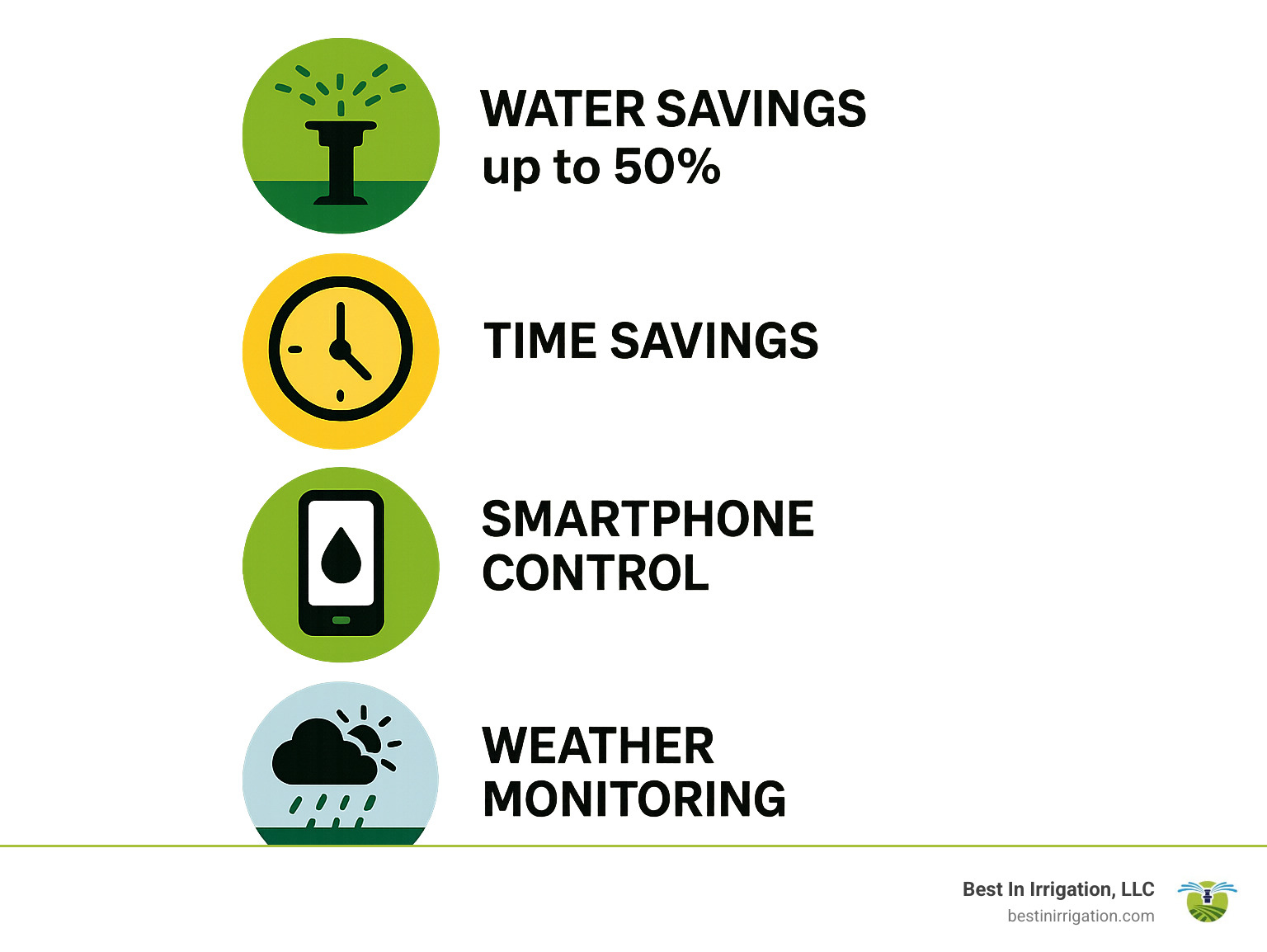Smart sprinkler system benefits infographic showing water savings percentage, time savings, smartphone control features, weather monitoring capabilities, and healthier plant growth statistics - lawn sprinkler system installation infographic Smart sprinkler system benefits infographic showing water savings percentage, time savings, smartphone control features, weather monitoring capabilities, and healthier plant growth statistics - lawn sprinkler system installation infographic