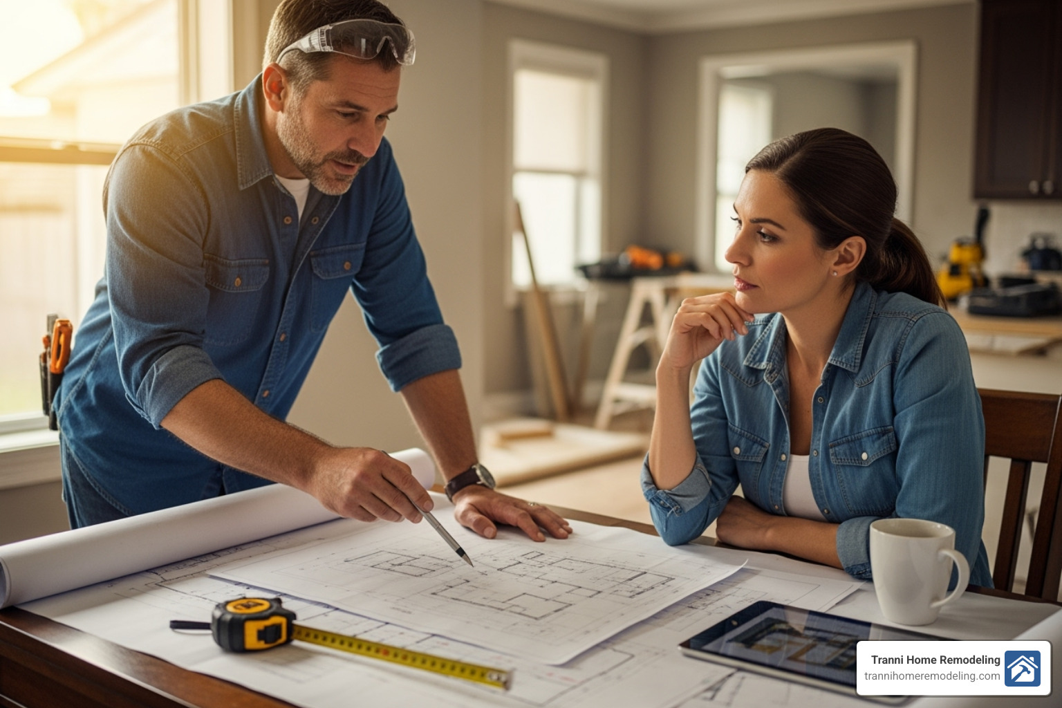 Professional contractor reviewing blueprints with a homeowner - Professional basement finishing