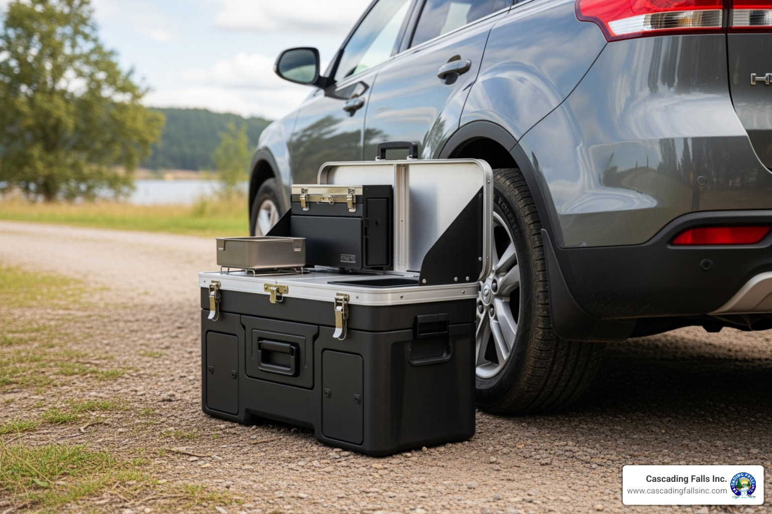 compact, folded-down camp kitchen next to a car - outdoor cooking table