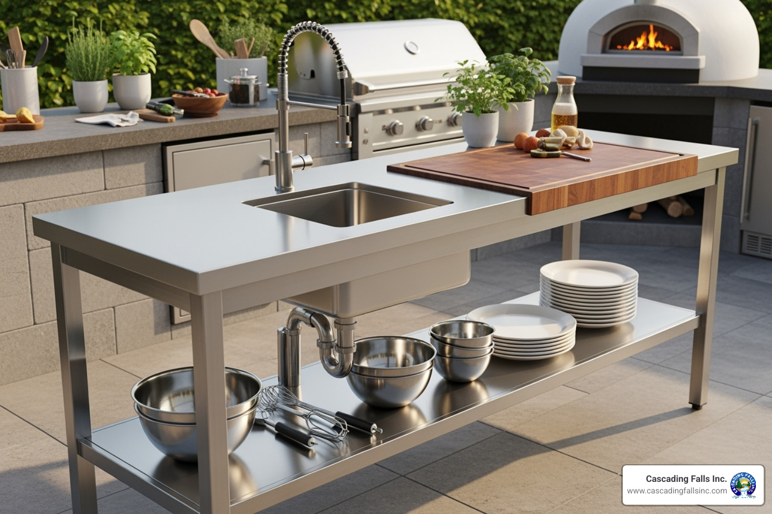 sleek, commercial-style stainless steel table in an outdoor kitchen setting - outdoor cooking table