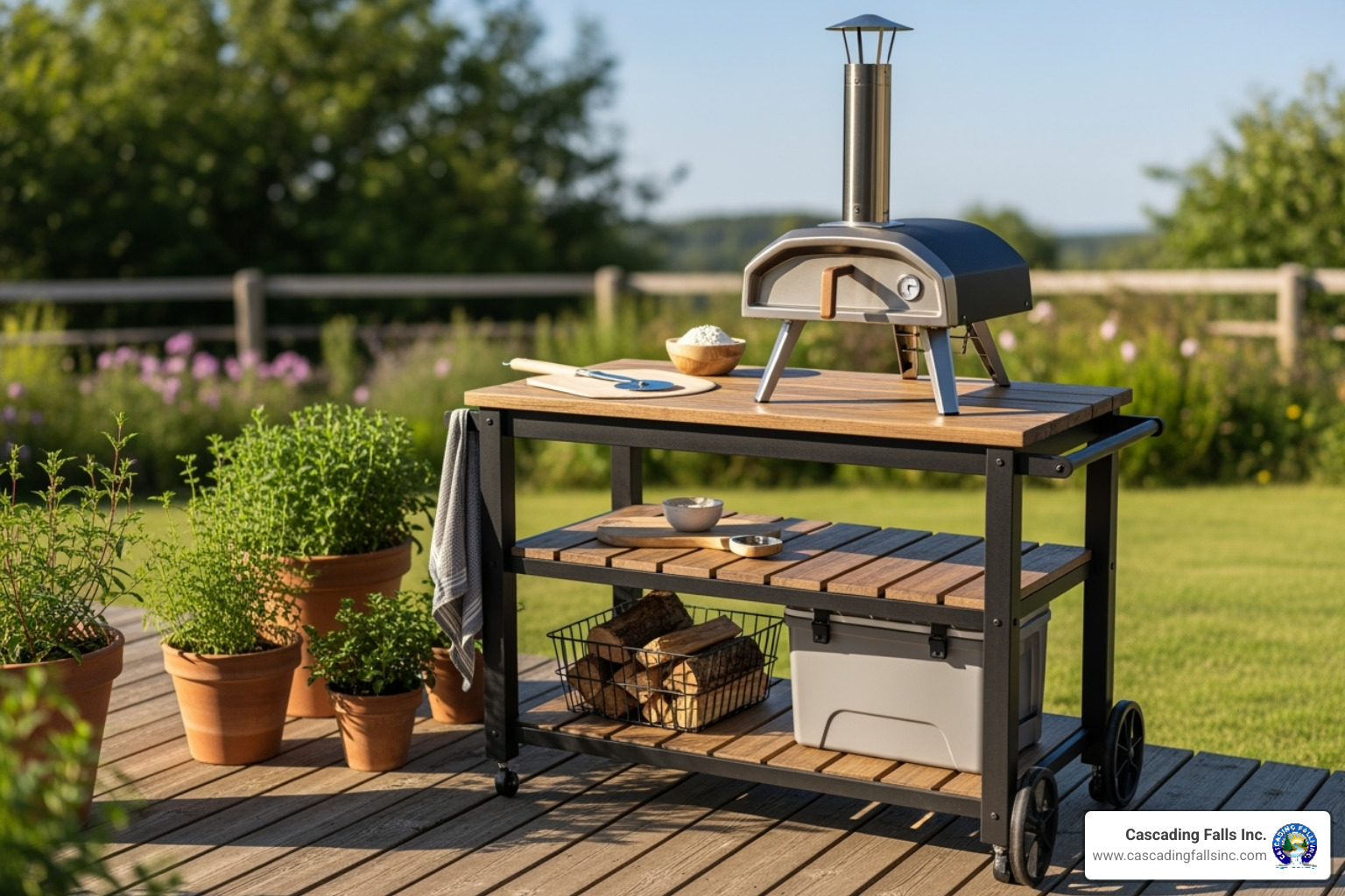 rolling cart-style outdoor cooking table on a deck with a pizza oven on top - outdoor cooking table