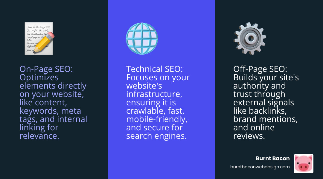 Comprehensive infographic showing the three pillars of SEO: On-Page SEO (content optimization, keyword research, meta tags, internal linking), Off-Page SEO (backlinks, brand mentions, reviews, social signals), and Technical SEO (site speed, mobile optimization, crawlability, security) - off page seo infographic 3_facts_emoji_blue Comprehensive infographic showing the three pillars of SEO: On-Page SEO (content optimization, keyword research, meta tags, internal linking), Off-Page SEO (backlinks, brand mentions, reviews, social signals), and Technical SEO (site speed, mobile optimization, crawlability, security) - off page seo infographic 3_facts_emoji_blue