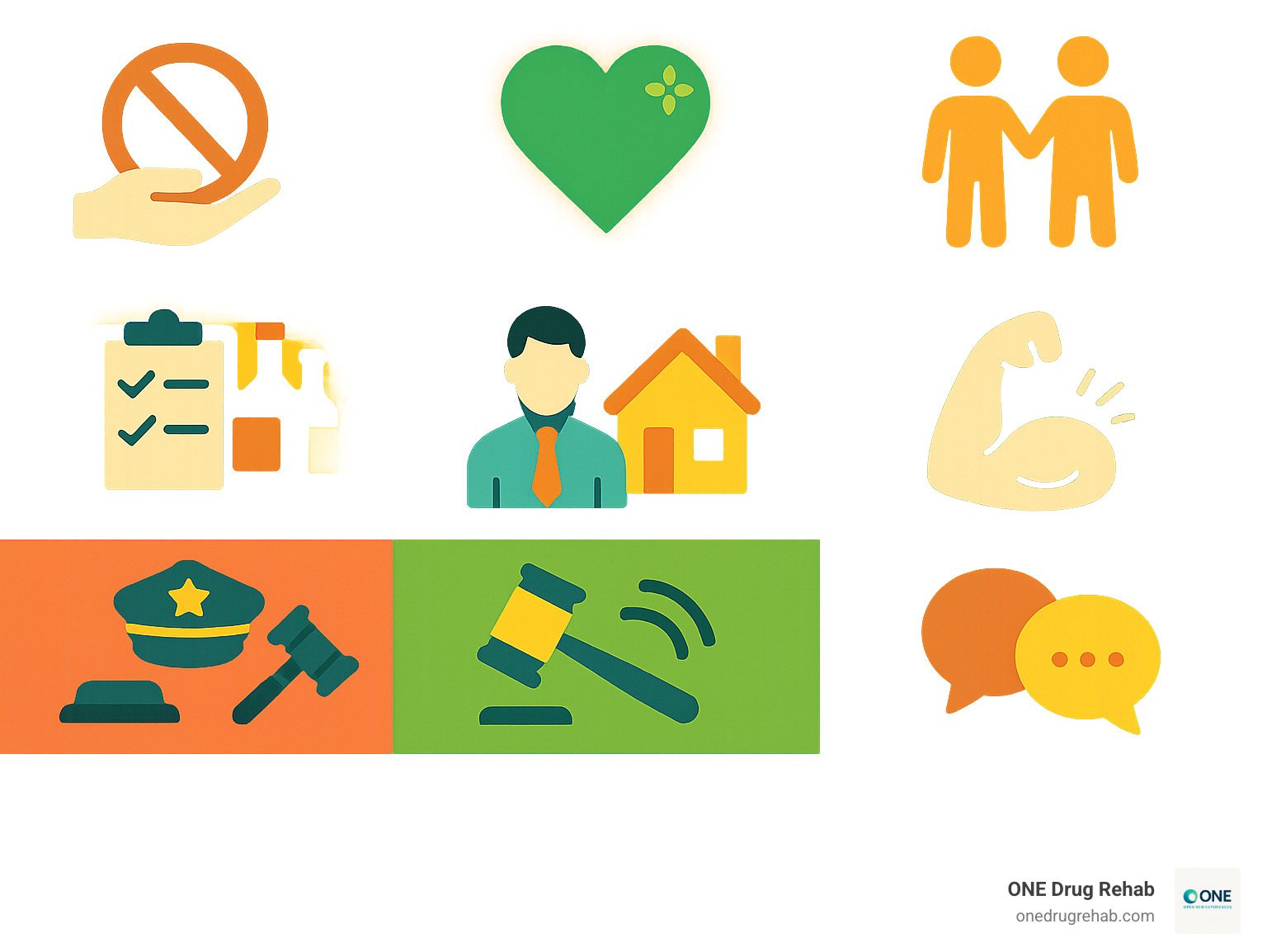 Infographic showing multiple measures of rehab success including complete abstinence from substances, reduced substance use and harm reduction, improved quality of life and mental health, stable employment and housing, better physical health outcomes, stronger family relationships and social connections, reduced legal problems and criminal activity, and engagement in aftercare and support systems - rehab success rates infographic 