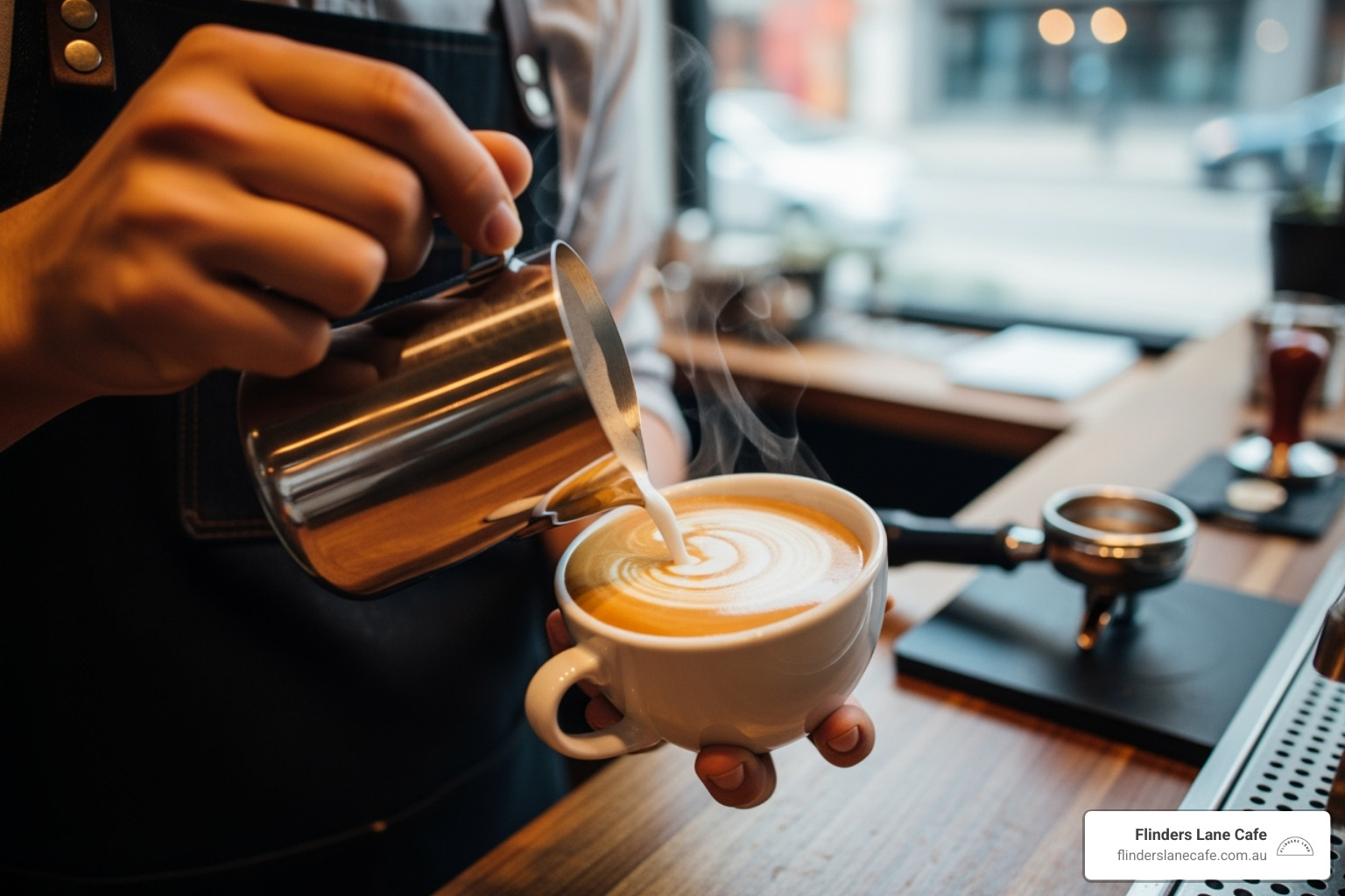 A skilled barista carefully pouring a latte with intricate art, showcasing the dedication to coffee excellence at Flinders Lane Cafe - brunching