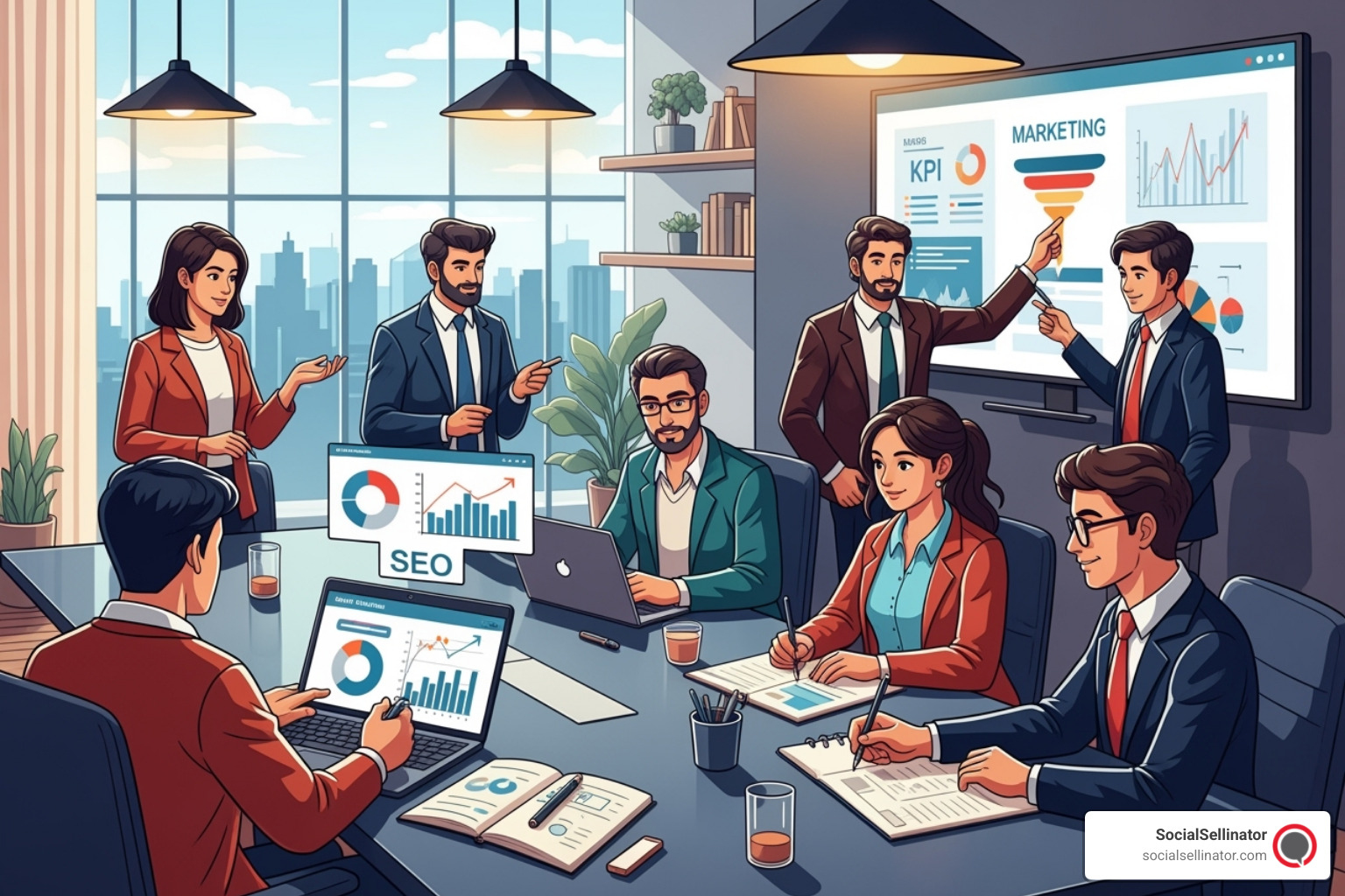 An illustration of different agency specialists (e.g., SEO expert, content creator, data analyst) collaborating on a B2B marketing project - advertising agency b2b