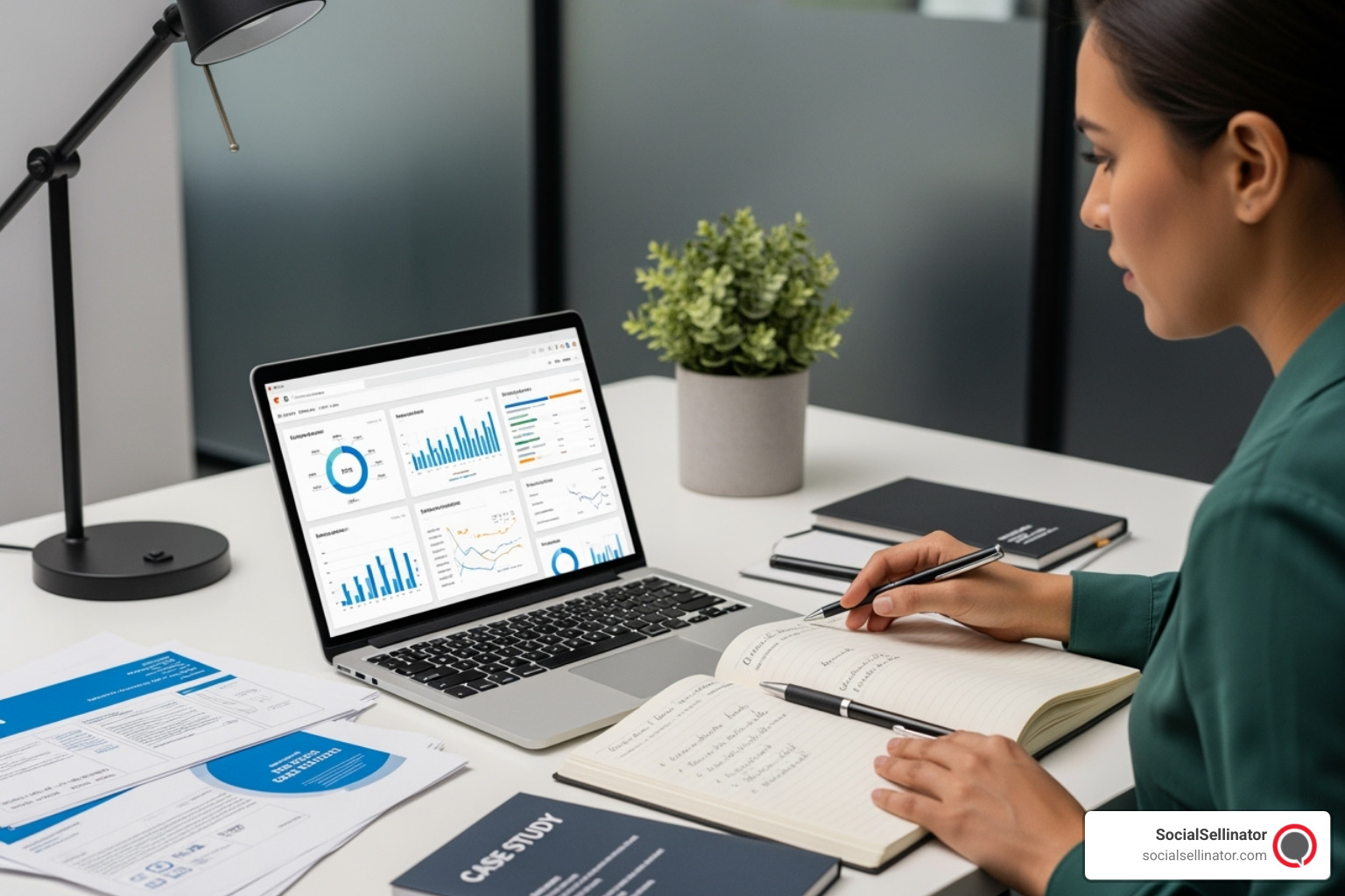 A person evaluating agency proposals and case studies, with a laptop displaying data and a notebook for notes - advertising agency b2b