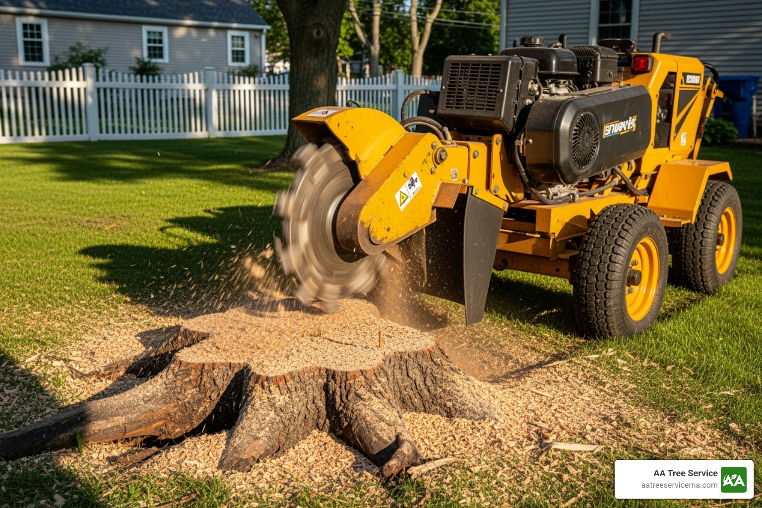Professional stump grinder in action - saltpeter stump remover Professional stump grinder in action - saltpeter stump remover