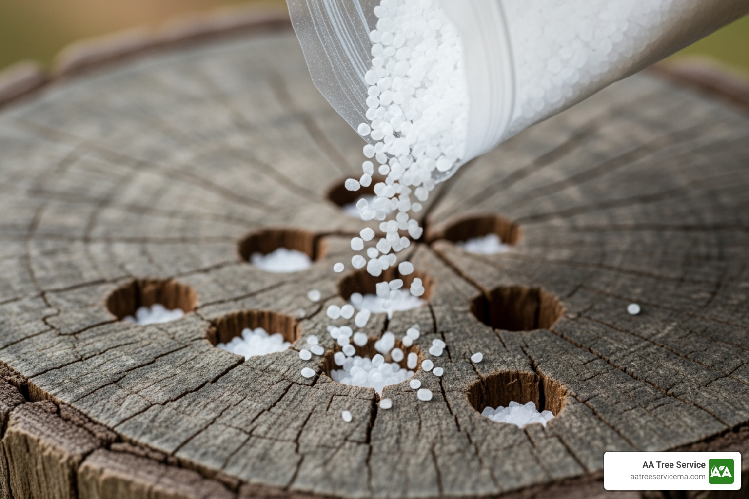 Pouring saltpeter granules into the drilled holes - saltpeter stump remover Pouring saltpeter granules into the drilled holes - saltpeter stump remover