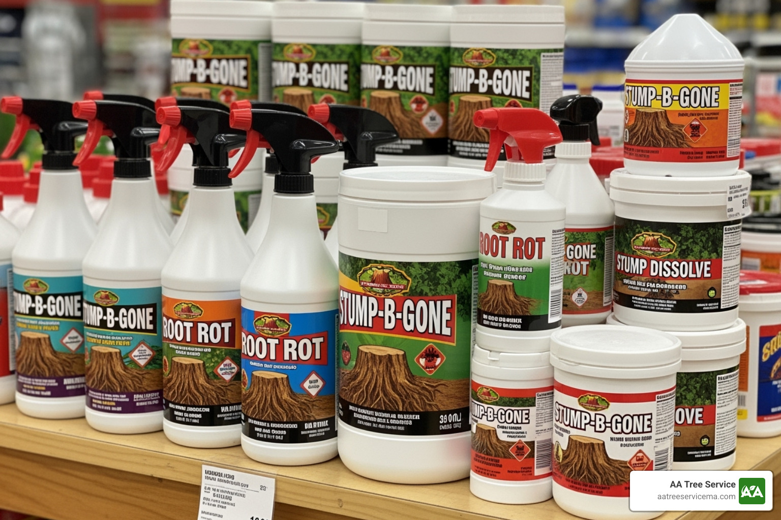 Different sized containers of stump remover - saltpeter stump remover Different sized containers of stump remover - saltpeter stump remover