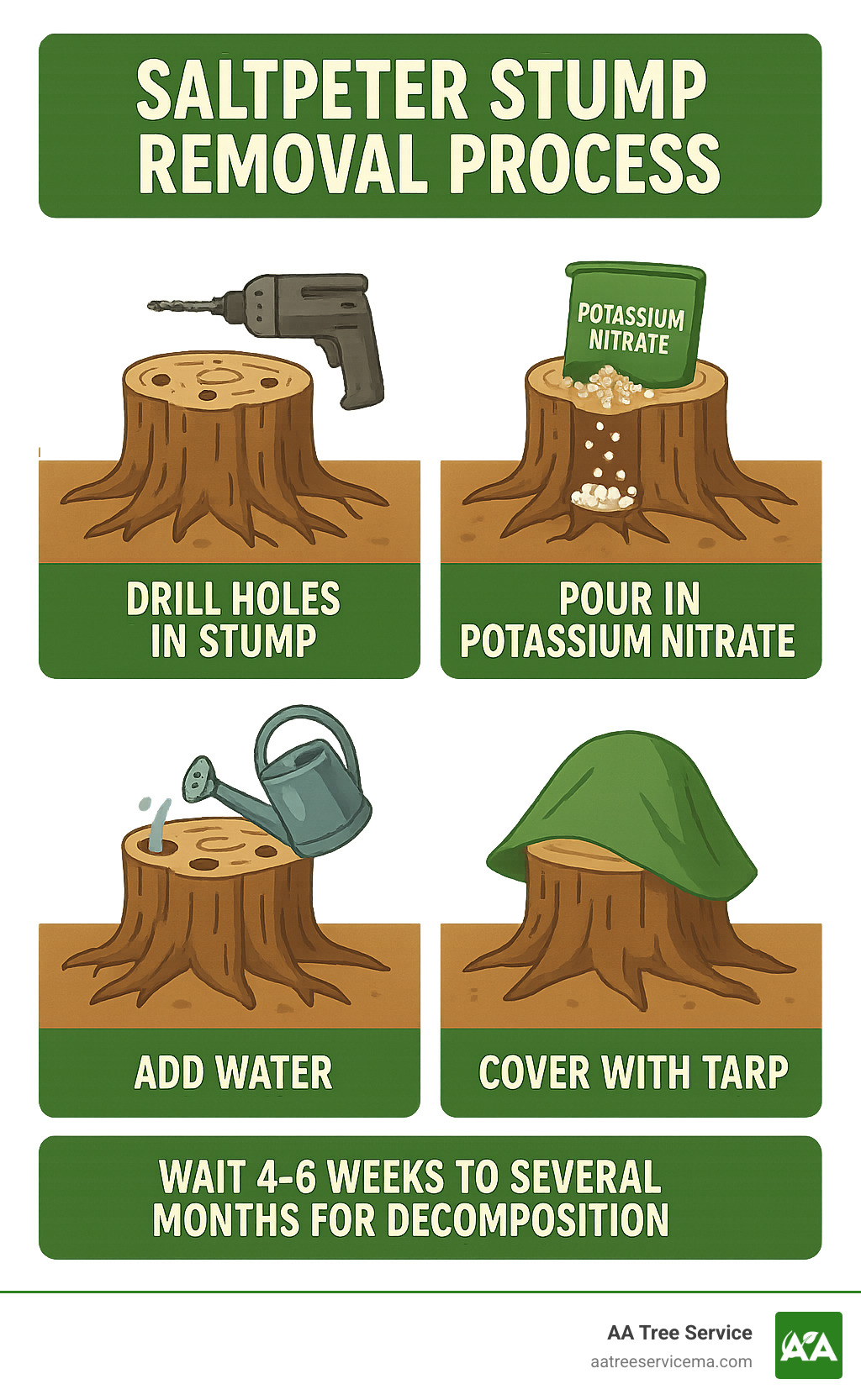 Infographic showing saltpeter stump removal process: drill holes in stump, pour in potassium nitrate granules, add water to activate, cover with tarp, wait 4-6 weeks to several months for decomposition - saltpeter stump remover infographic Infographic showing saltpeter stump removal process: drill holes in stump, pour in potassium nitrate granules, add water to activate, cover with tarp, wait 4-6 weeks to several months for decomposition - saltpeter stump remover infographic