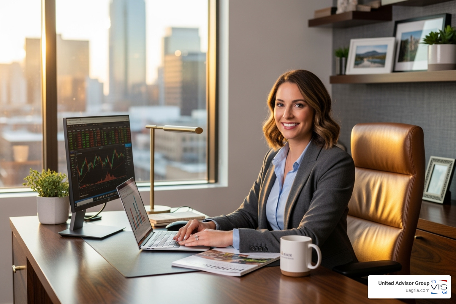 advisor smiling while working from a personalized, modern office space - RIA business model