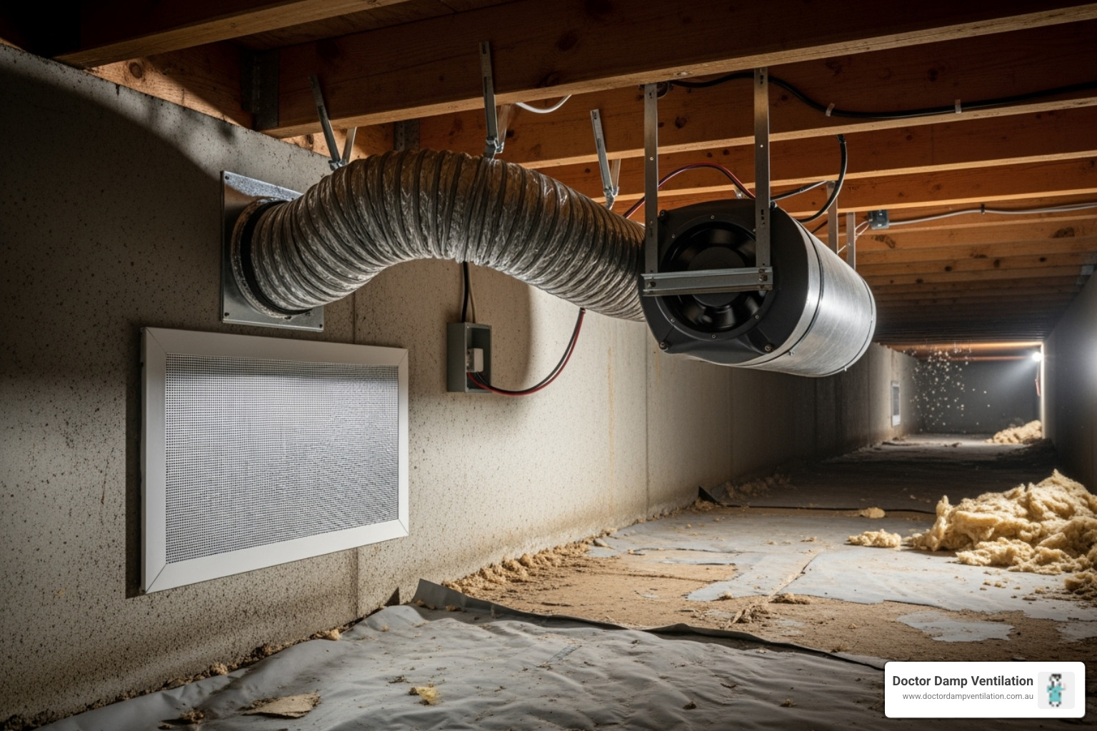 Components of a subfloor ventilation system, including a wall vent, flexible ducting, and an inline fan - sub floor air vents