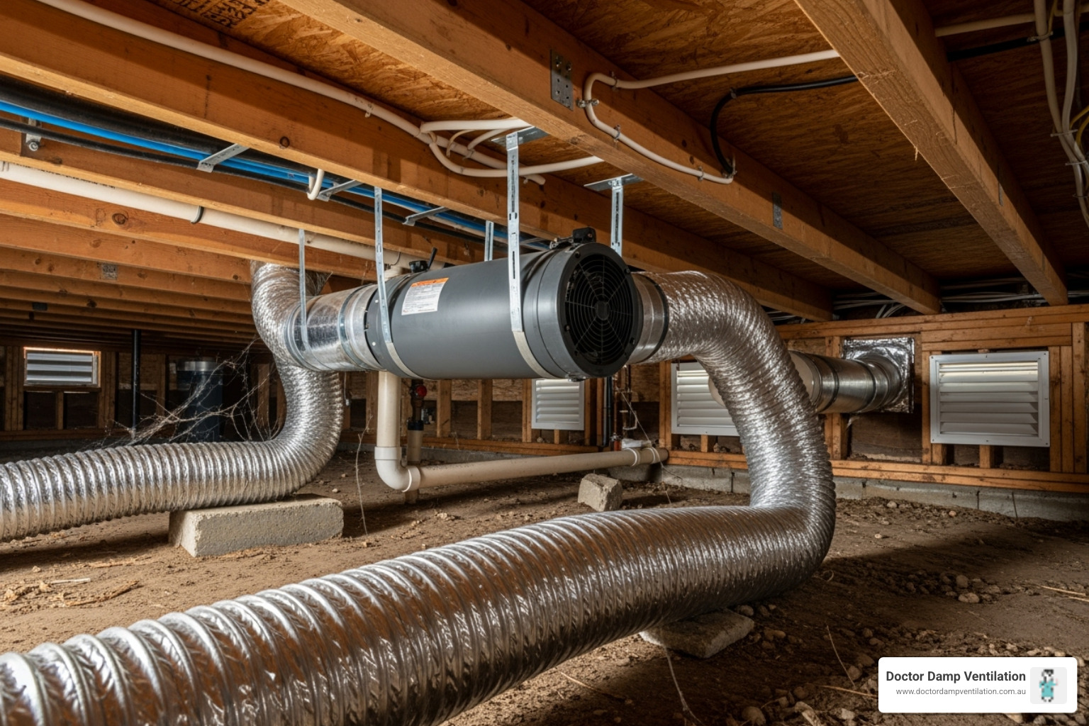 A ducted inline fan system installed in a subfloor space, showing the fan connected to flexible ducting and vents - sub floor air vents