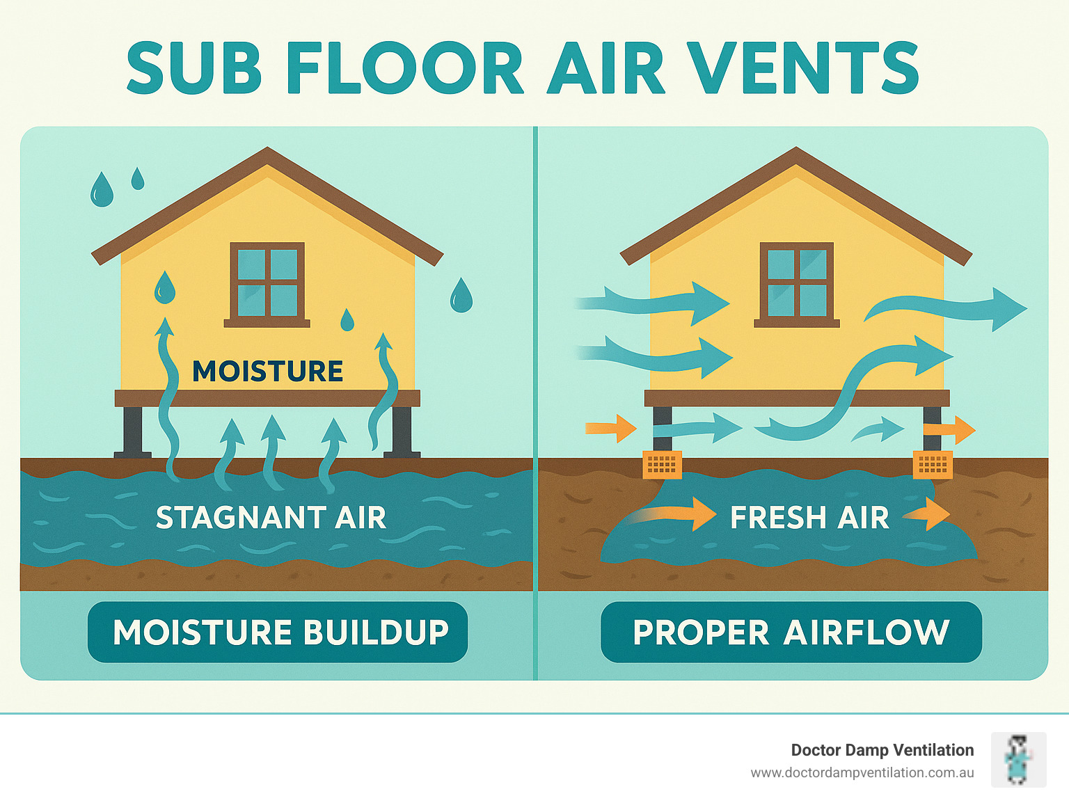 Detailed infographic showing moisture buildup process under a house with stagnant air, compared to proper airflow with sub floor air vents creating cross-ventilation that removes damp air and introduces fresh air - sub floor air vents infographic 