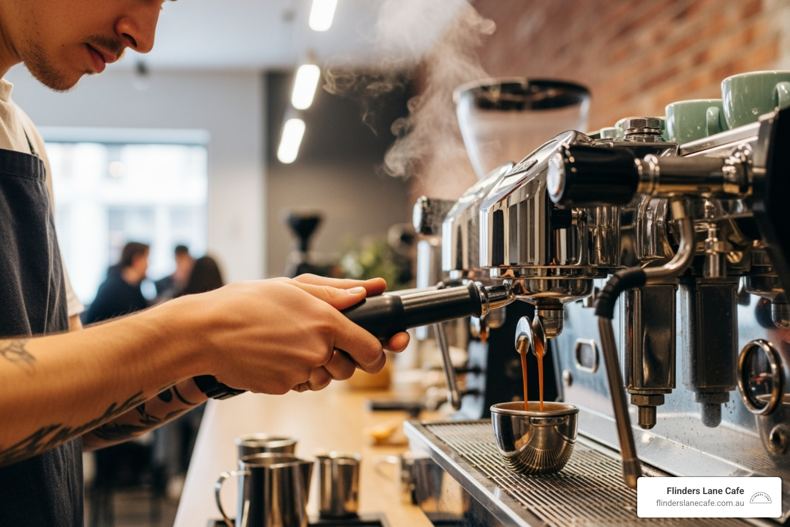 Barista at Flinders Lane Cafe carefully pulling a rich espresso shot - Espresso for cappuccino