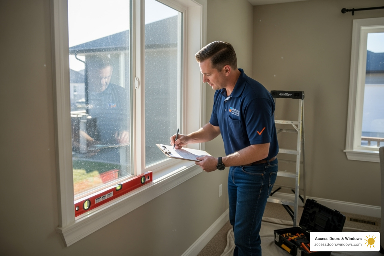 A certified installer from Access Doors & Windows completing a final inspection - pgt impact window installation guide