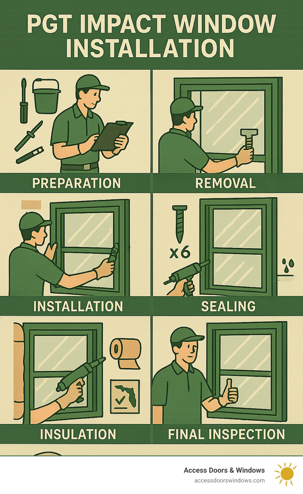 Infographic showing PGT impact window installation steps including preparation, removal, dry fitting, shimming and leveling, anchoring with proper screw count, sealing and weatherproofing, insulation, and final inspection with emphasis on Miami-Dade NOA compliance and Florida Building Code requirements - pgt impact window installation guide infographic 