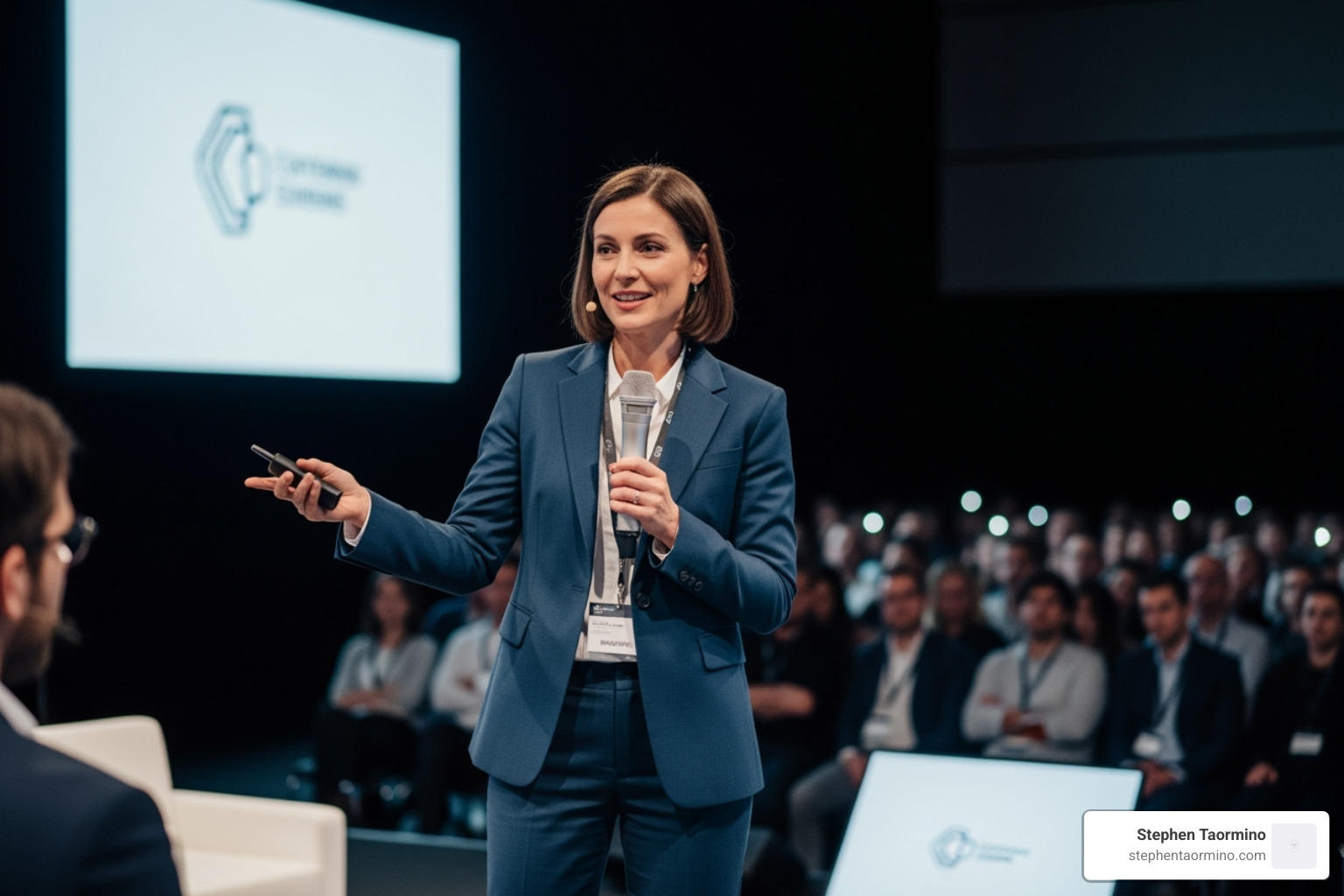moderator gesturing to audience member - questions to ask when moderating a panel