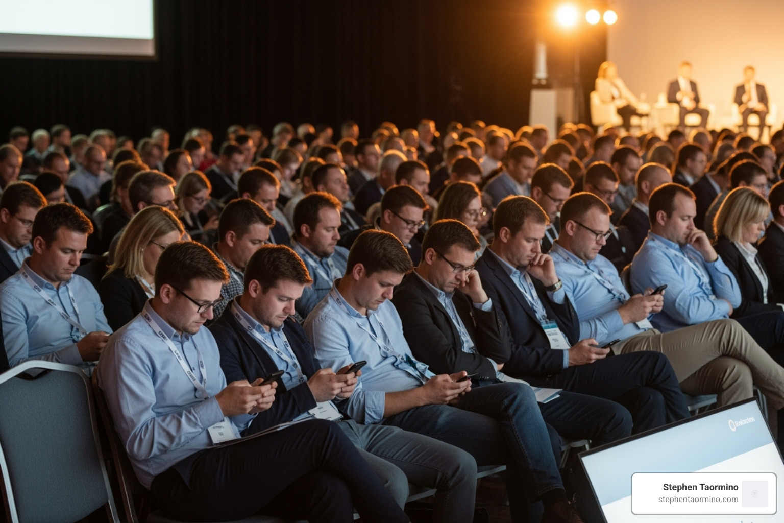 bored audience looking at phones - questions to ask when moderating a panel
