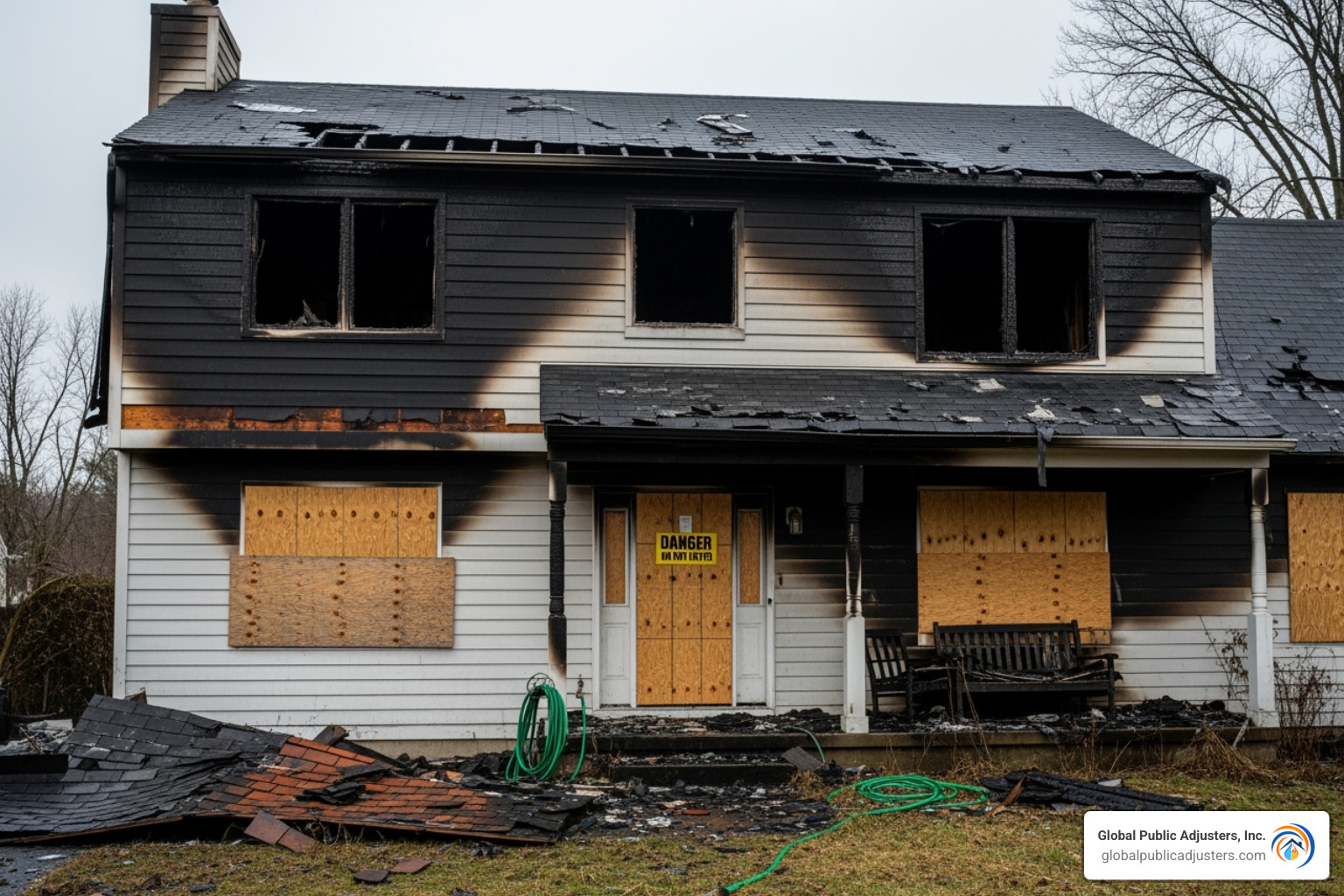 image of a home's windows and doors boarded up after a fire - fire damage insurance claim help